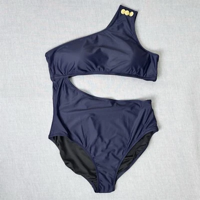 J. Crew 泳装女式 20 海军蓝连体单肩镂空金色纽扣新品 — 第 1/4 张图片