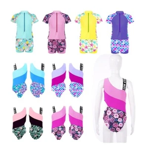 2Pcs Kid Girl Swimming Suit Front Zipper Closure Print Tops+Shorts Sets Swimwear - Picture 1 of 40