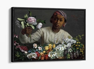 WOMAN WITH PEONIES, FREDERIC BAZILLE- FLOAT EFFECT FRAMED CANVAS PRINT - Picture 1 of 12