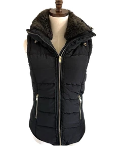 H&M Black Full Zip Puff Vest Sz XS Faux Fur Trim Hooded Punk Goth Zipper Accents - Picture 1 of 21