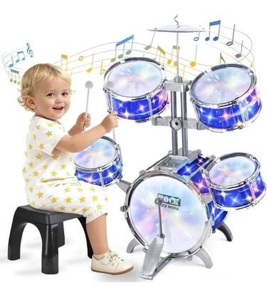 Juego de batería mejorado para niños pequeños con luz (todo de plástico), juguetes de regalos musicales para Foto 1 de 4