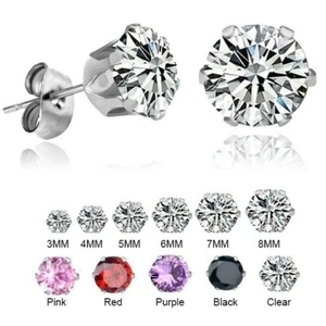 1 Pair Stainless Steel CZ Cubic Zirconia Crystal Stud 3-8mm Surgical Women Men - Picture 1 of 11
