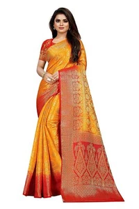 New Women's Banarasi Soft Silk Kanchipuram Pattu Sarees With Blouse Piece Yellow - Picture 1 of 3