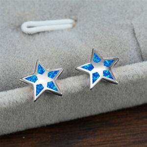 Fashion Blue simulated Opal Small Silver Cute Star Stud Stone Earrings Jewelry