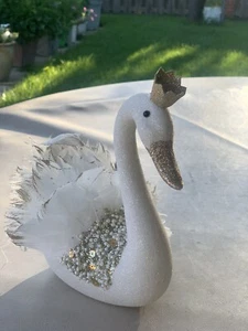White Glitter Swan With Gold Crown Decor, 8" - Picture 1 of 5