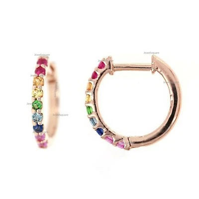 Natural Multi Sapphire Gemstone In Solid 14k Rose Gold Rainbow Color Hoops  - Image 1 of 3