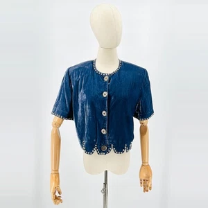 Vintage 90s Double D Ranch Blue Velvet Silver Concho Studded Cropped Jacket - Picture 1 of 9