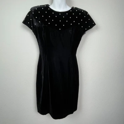 Vestido Donna Ricco NY Vintage Años 80 Negro Terciopelo LBD Talla 6P Perlas Cachicho Foto 1 de 4