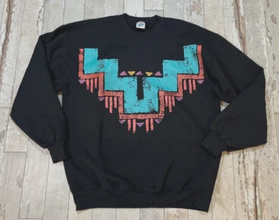 VTG 90s Jerzees Super Sweats Aztec Graphic Print Sweatshirt Black Size L Tribal - Image 1 of 4