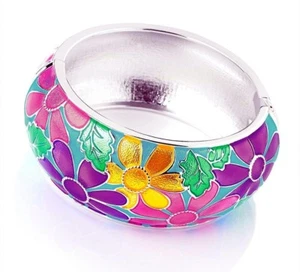 Bracciale Rodio Brillante Arcobaleno Cloisonné Smalto Hawaiano Floreale Dichiarazione - Foto 1 di 2