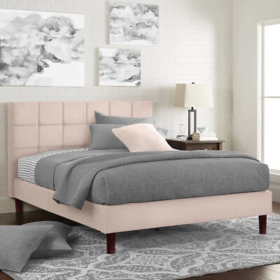 Cama plataforma tapizada de tela rosa tamaño queen hogar salón dormitorio muebles Foto 1 de 3