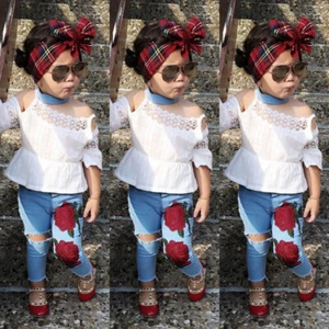 2pcs Fashion lovely Kids Baby Girl Lace Halter Tops+ Denim pants Clothes Outfits - Picture 1 of 11