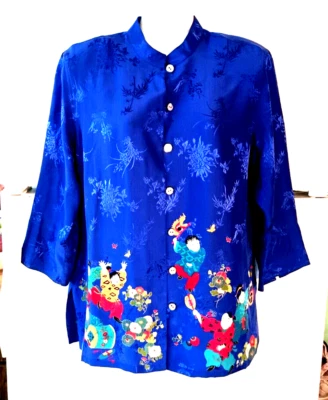 BLUSA VINTAGE DISEÑO CHICO'S AZUL ASIÁTICO JAPONÉS CUELLO MANDARINA 100% SEDA 1 M Foto 1 de 4