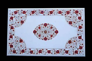 3'x2' White Marble Dining Table Top Carnelian Floral Marquetry Inlay Hallway - Picture 1 of 4