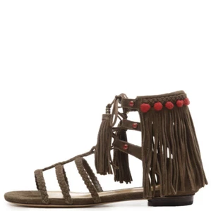 Schutz Shuli Aloe Military Green Fringe Detailed Gladiator Flat Beaded Sandals - Picture 1 of 1
