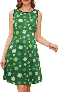 NEW M Women's Irish Green Shamrock Clovers St Patrick's Day Sleeveless Dress - Picture 1 of 10
