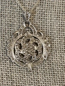 Signed  Baroni Necklace Flower Marcasite  Pendant Sterling Silver 925 16” Chain - Picture 1 of 9