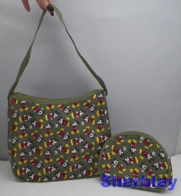 Cartera y bolsa de cosméticos verde nailon estampado Mickey Mouse de Disney 8x11x4" borde verde Foto 1 de 4