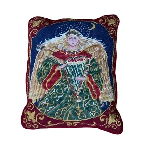 Vintage Handmade Christmas Angel Needlepoint Counted Cross Stitch Throw Pillow - Foto 1 di 6