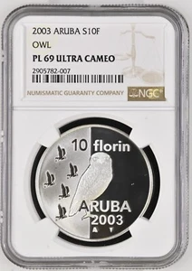 2003 Aruba 10 Florin Silver Proof NGC PF69 Ultra Cameo Owl 1000 Mintage - Picture 1 of 2