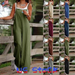 Womens Cotton Linen Plain Jumpsuit Ladies Summer Casual Loose Pockets Rompers US - Picture 1 of 27