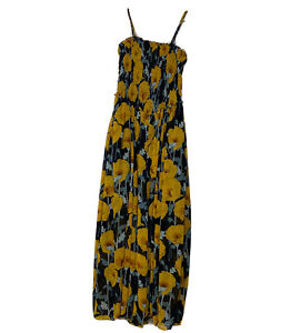 FREE PEOPLE Black Lined Yellow Floral Very Wide Leg Bow Jumpsuit One-Piece Sz S
