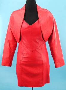 VTG Women's 80s 90s Red Leather 2 PC Outfit / Jacket & Dress Set M/L 1980s 1990s - Picture 1 of 23