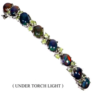 925 Sterling Silver Bangle Oval Black Opal 7x5mm Peridot Gemstone Jewelry 7.2in - Picture 1 of 14