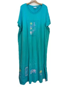 VTG SPA Dress T-Shirt 3XL Long Tunic Fish Sun Art Boho Blue Fish Style Cotton - Picture 1 of 8
