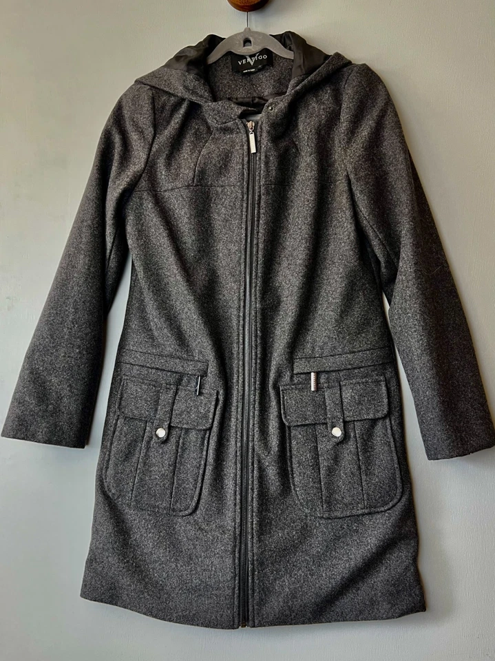 Vertigo Paris Gray Wool Blend Hooded Coat Medium Zip Front Pocket Detail - Image 1 of 4