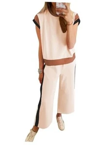 Women's 2 Piece Lounge Sets Casual Short Sleeve Pullover Tops Small D Beige - Picture 1 of 4