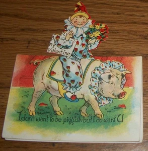 1920's Clown Pig I DONT WANT TO BE PIGGISH BUT I WANT U Valentine Stand Up Card - Picture 1 of 3