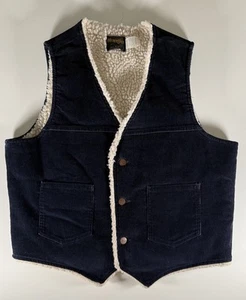 Wrangler Corduroy Vest Mens Large Vintage Sherpa Lined Navy Blue Western Wear - Picture 1 of 8