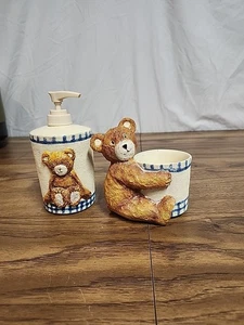 Vintage Teddy Bear Bathroom Accessories Set Cup Soap Dispenser - Picture 1 of 7