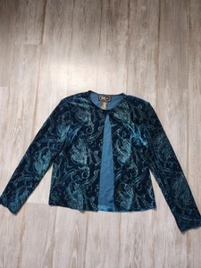 R & K Evening Teal Jacket Stretch Glitter Paisley Print Shoulder Pads Size 8 - Picture 1 of 8