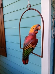 Folk Art Paper Maiche Parrot On Hanging Metal Perch 13"in Bird Hand Painted - Picture 1 of 9