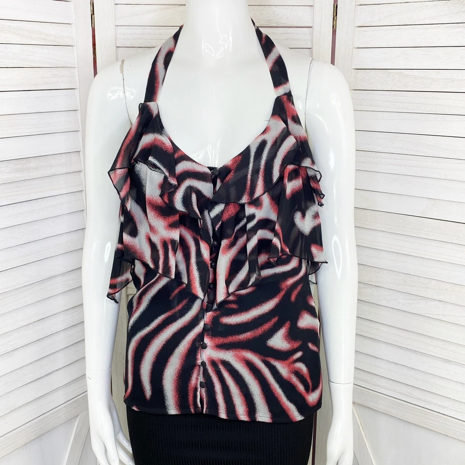 Blusa Bebe Halter Mujer XS Rosa Negra Estampada Seda Gasa Volantes Ribete Abierta Foto 1 de 4