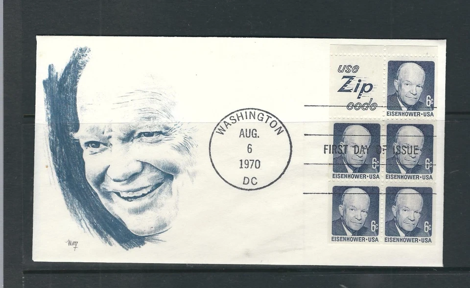 USA SC # 1393b Eisenhower Booklet pane of 5 plus label .  Marg cachet - Image 1 of 1