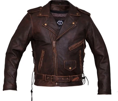 Mens Brown Distressed Leather Marlon Brando Biker Motorcycle Armoured Jacket YKK - Image 1 of 4
