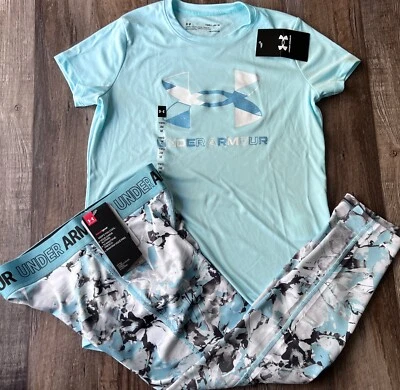 NUEVO CON ETIQUETAS Under Armour YLG Niñas Azul Claro/Gris/Blanco GRAN LOGOTIPO Conjunto de Leggings Gráficos Foto 1 de 4