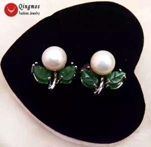 7-8mm Flat Round Natural White Pearl with Green Jade Leaf Earring for Women Stud - Picture 1 of 8