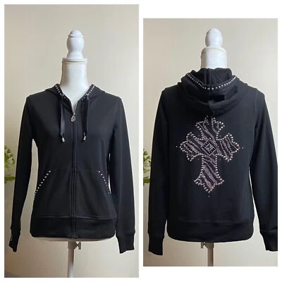 NUEVO SIN ETIQUETAS $120 Sm Christine Alexander Sudadera con Capucha Negra SWAROVSKI Cruz de Cristal Foto 1 de 4
