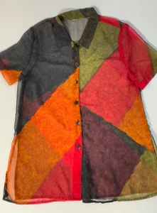Transparente abstrakte Bluse mit Knopfleiste mehrfarbig Kragen Oberteil Gr. S/M Maße - Bild 1 von 9