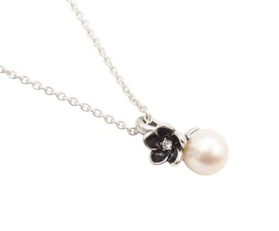 Collar Vintage Plata de Ley 925 Perla Pandora y Flor Tono Oscuro NE4493 Foto 1 de 4