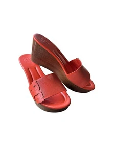 Tory Burch Mikael Wedge Slide Poppy Red Orange VEG Leather Sandal sz 9.5 NWOB - Picture 1 of 6