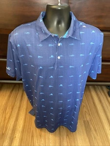 Scales Mens Golf Polo Shirt Large Fish Fishing Print Stretch Blue Short Sleeve - Picture 1 of 6