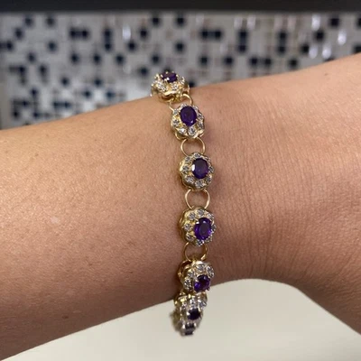 "Brazalete de tenis vintage de diamantes y amatista enchapado en oro amarillo de 18 quilates de 8""" Foto 1 de 4