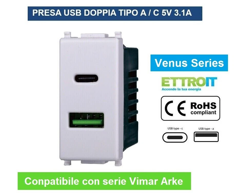 PRESA USB CON CONNETTORE TIPO C E TIPO A 3.1A PER SERIE VIMAR ARKE - Immagine 1 di 1