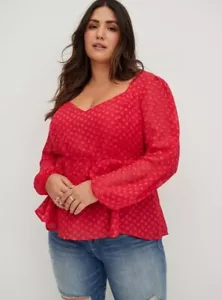 Torrid Pink Red Peplum Chiffon Long Balloon Sleeve Clip Heart Blouse Sz 5X - Picture 1 of 10