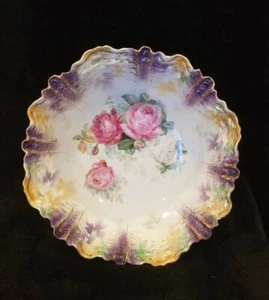 Antique RS PRUSSIA Ruffle Edge Bowl With Pink Roses and Luster Gold and Purple  - Picture 1 of 12